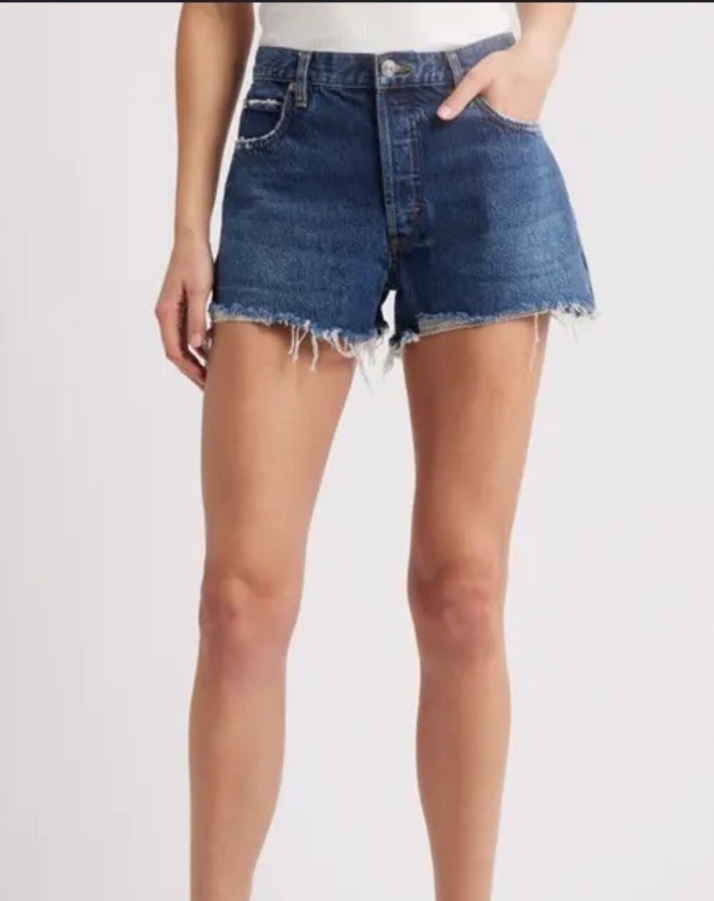Express Shortie Shorts Denim Blue Jean Relaxed Low Rise Cut Off Raw Hem Stretch
